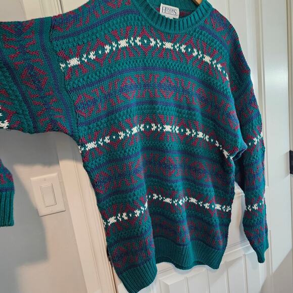 Vintage Honors Sweater Mens Large Green Knit 90s Geometric Preppy Retro Dad - Picture 3 of 9